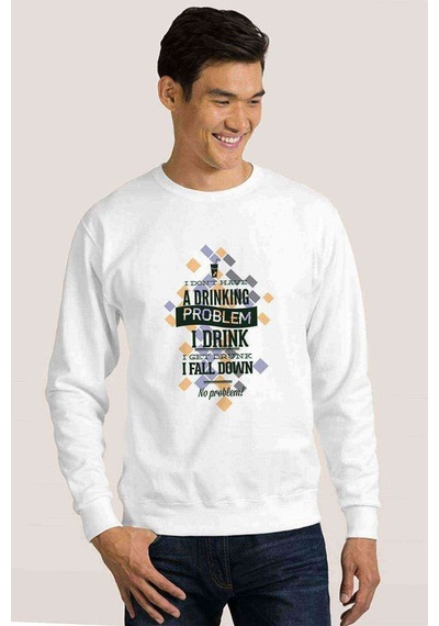 Drinking Problem Baskılı Beyaz Erkek Örme Sweatshirt