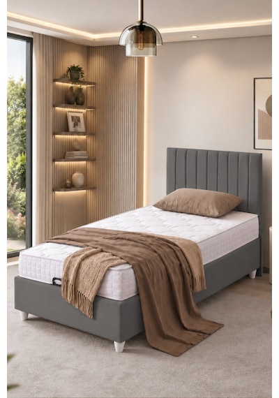 İkili Baza Seti, Alessa Tek Kişilik Baza Başlık Seti, Gri - 100x200 Cm 100 x 200