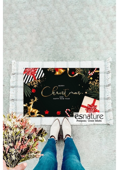 Esnature Mutlu Yıllar Merry Christmas And Happy New Year Welcome Yeşil Kapı Önü Paspası 45x70cm Çok Renkli