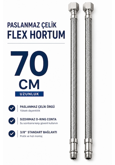 70 Cm Paslanmaz Çelik Örgülü Flex Hortum 3/8 Su Bağlantı Hortumu Batarya Ve Klozet Uyumlu