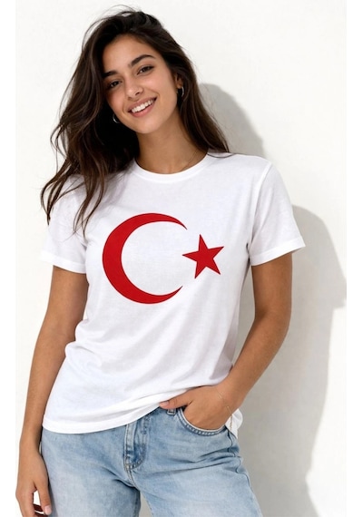 Wear Vexel Kadın T-shirt Kısa Kol Bisiklet Yaka Ay Yıldız Bayrak Baskılı Tişört - Beyaz Beyaz