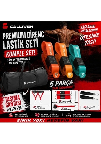 Calliven Premium Direnç Lastiği Seti 4'lü - Kapı Ankrajlı, El Tutacaklı, Ayak Bilek Kayışlı Fitness Bandı 12li Genel