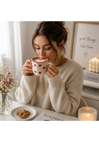 Kalp Tasarımlı El Yapımı Seramik Kahve Kupası Sevgiliye Hediye Çay Ve Kahve Mug Kupa - 300 Ml Beyaz - Çok Renkli