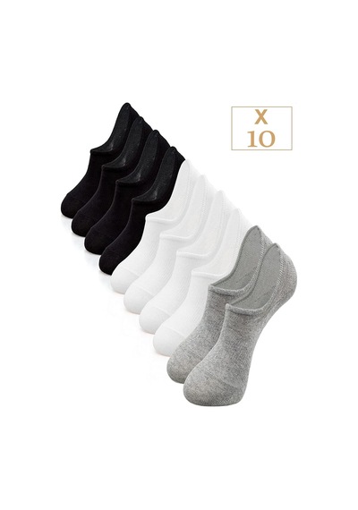 Bgk Unisex 10'lu Çift Pamuklu Görünmez Sneakers Çorap Renkli Beyaz Gri Siyah Beyaz - Gri - Siyah