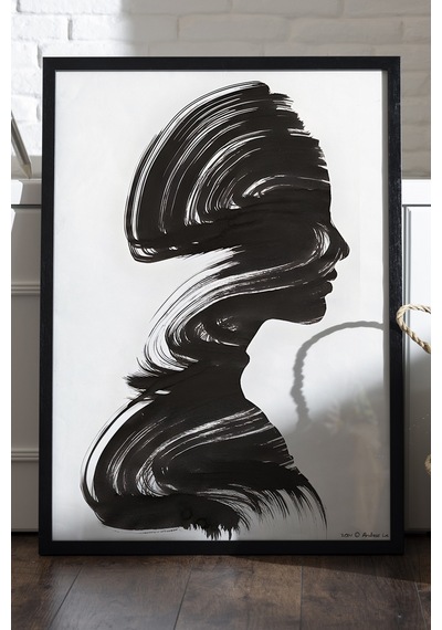 Ink Whisper Siyah Ahşap Çerçeveli Poster, Dekoratif Soyut Monokrom Duvar Tablosu