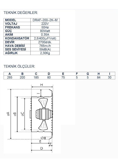 Ayas Draf-200-2K-M 20 Cm Sanayi Tipi Aspiratör
