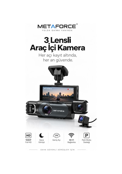 3 Lensli Wi-fi Araç İçi Kamera 1080p Full Hd 3.18" Ips Dokunmatik Ekran Gece Görüşlü Park Modu Destekli Otonom Kamera Türkçe