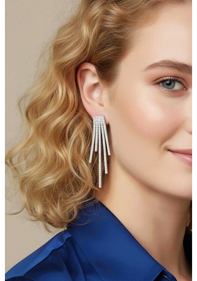 Valmont Accessories Kristal Taşlı Işıltılı Şık Kadın Küpe Gümüş