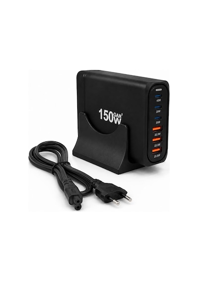 150w Gan Hızlı Şarj İstasyonu, 6 Portlu Masaüstü Şarj Aleti, 3 Usb-c Type-c Ve 3 Usb-a Girişli Çoklu Adaptör, Telefon Tablet Laptop İçin Akıllı Güç Dağıtımlı Şarj Cihazı