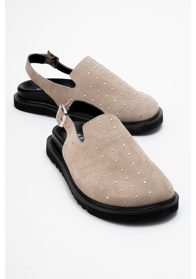 Luvishoes Luvi Shoes Our Bej Hakiki Deri Süet Zımbalı Burnu Kapalı Kadın Sandalet Süet Bej