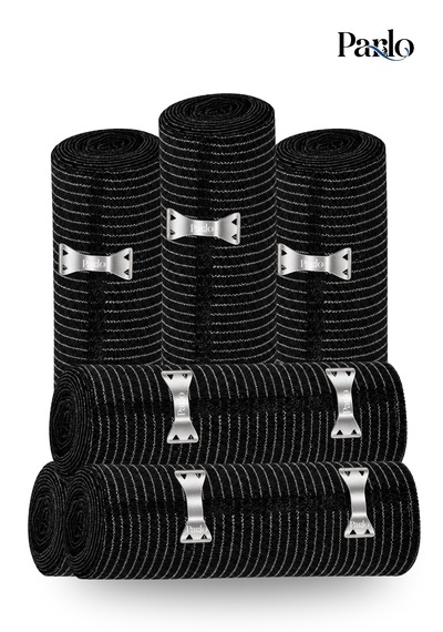 Parlo Siyah Elastik Bandaj 20 Cm X 1,5 M 6 Lı Set %300 Esnek, 4,5 M Ye Kadar Uzayan, Metal Kancalı Destek Ve Sargı Bandajı