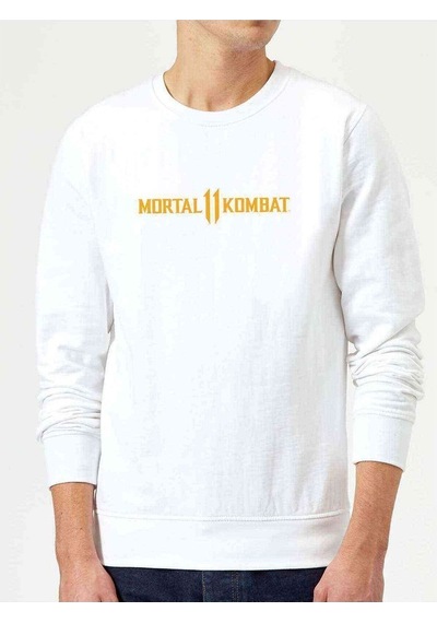 Mortal Kombat 11 Logo Baskılı Beyaz Erkek Örme Sweatshirt