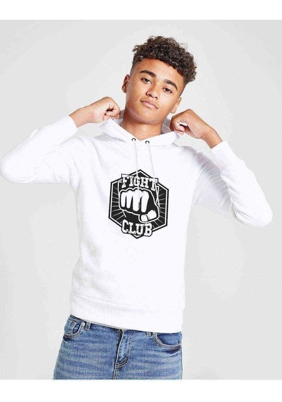 Tshirthane Yumruk Fight Clup Baskılı Unisex Çocuk Kapüşonlu Beyaz Sweatshir Beyaz