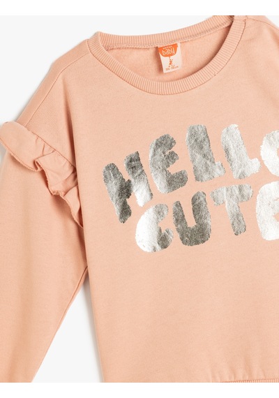Koton Fırfırlı Sweatshirt Baskılı Uzun Kollu Bisiklet Yaka Şardonlu Pamuklu Pembe 5wmg10157ak Gülkurusu
