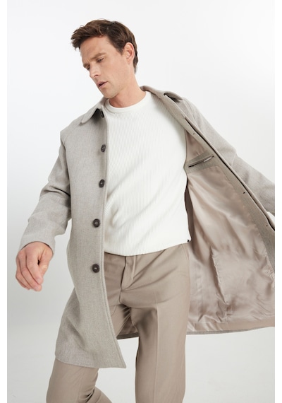 AC&Co / Altınyıldız Classics Erkek Bej Sıcak Tutan Standart Fit Normal Kesim Gömlek Yaka Diagonal Desenli Palto Bej