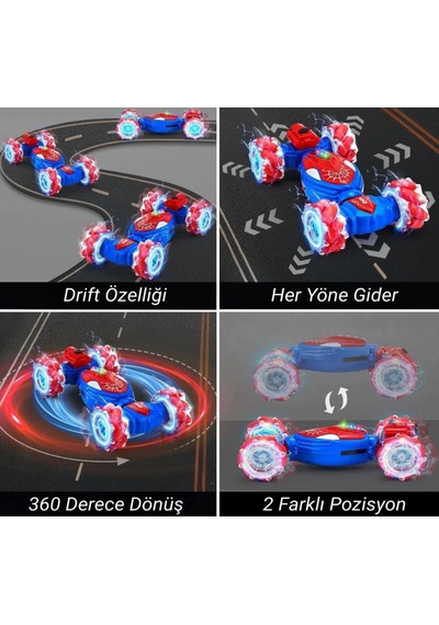2 Kumandalı 10 Fonksiyonlu Duman Çıkaran Işıklı El Sensörlü Akrobatik Drift Atan Oyuncak Araba Kırmızı