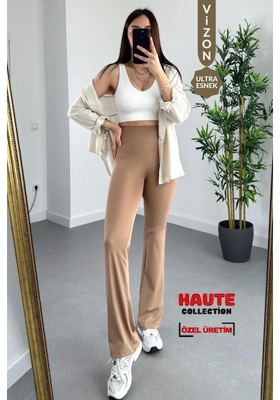 Balenbi Haute Kadın Yüksek Bel Geniş Paça Toparlayıcı Modal Tayt 1063 Toprak Çok Renkli