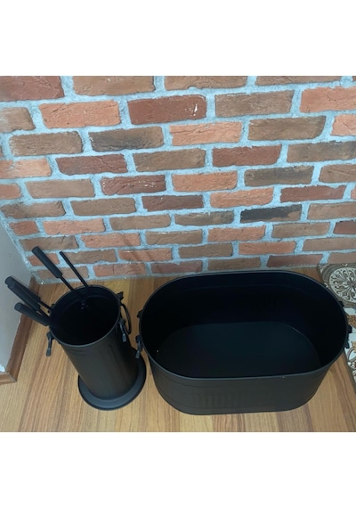 Siyah Oval Şömine Maşa Ve Odunluk Seti