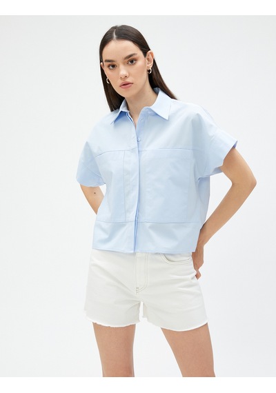 Koton Crop Poplin Gömlek Kısa Kollu Pamuklu Mavi 3sak60018pw Mavi