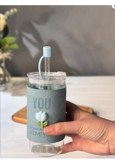 Minnoş 350ml Cam Pipetli Bardak Kapaklı Süet Kılıflı Soğuk Kahve Smoothie Sunum Bardağı D