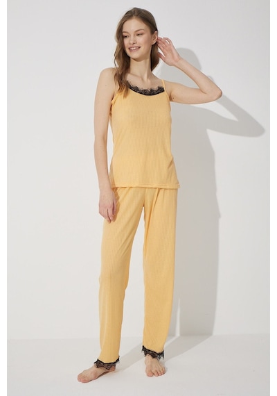 Siyah İnci Soft Touch Ince Örme Pijama Takım 7628 sari