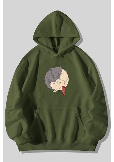 Harmandar Üç İplik Ying Yang Kedi Baskılı Unisex Çimen Kanguru Cepli Kapüşonlu Sweatshirt Hoodie Çimen Harmandar Üç İplik Ying Yang Kedi Baskılı Unisex Çimen Kanguru Cepli Kapüşonlu Sweatshirt Hoodie Çimen