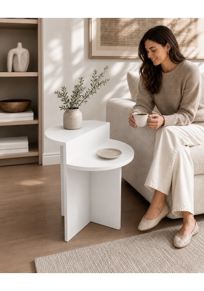 Ganihome Luna Oval Hatlı Yan Sehpa Ahşap