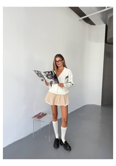 Kechi Woman Kurdeleli Triko Hırka Beyaz