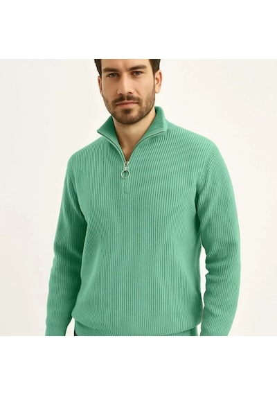 Erkek Fitilli Triko Kazak 3 Lü Set Mint Yeşili Siyah Bej Kalın Dokuma Pamuklu Regular Fit Çok Renkli