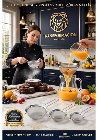 3lü İnce Gözenekli Premium 18/10 Paslanmaz Çelik Mutfak Tel Süzgeç Seti Çay Süzgeci Un Kakao Eleği 723475 Çok Renkli