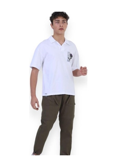 Zekids Erkek Çocuk Pamuklu Rahat Kesim Oversize Polo Yaka Tshırt-11813-beyaz Beyaz