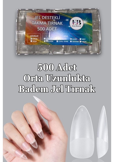 500 Adet Yeni Nesil Jel Destekli Orta Badem Takma Tırnak Seti Orta Badem
