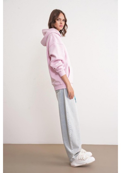 Mixray 2022 Unisex 3iplik Basic Polarlı Kapüşonlu Sweatshirt Hoodie Pembe