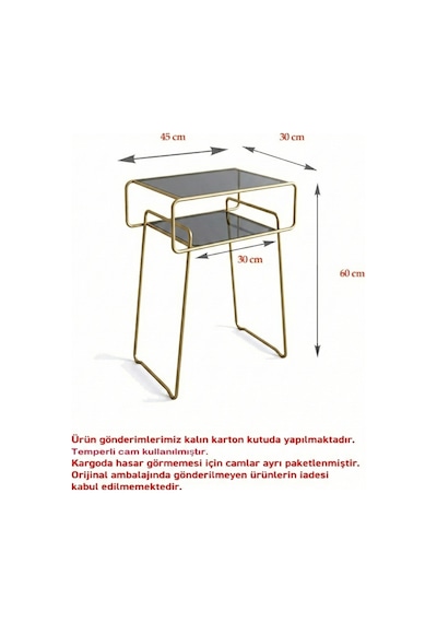 Retro Yan Sehpa, Metal Sehpa, Cam Sehpa, Salon, Yatak Odası, Antre Füme Cam Gold Altın