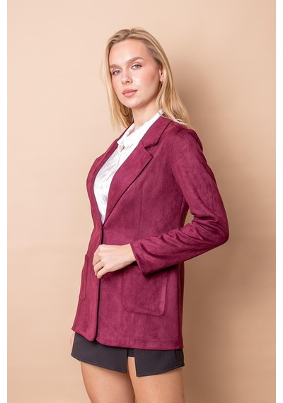 Kadın Hafif Likralı Süet Kumaş Cep Detaylı Düğmeli Blazer Hafif Uzun Ceket-bordo Bordo