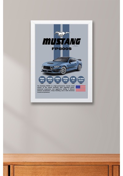Mustang Fp800s Araba Tablosu - Teknik Özellikli Otomobil Poster - Çerçeveli Duvar Dekoru Beyaz