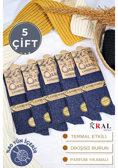 Kral Socks Erkek Kışlık Termal Etkili 5'li Paket Lambswool Kuzu Yün Çorap Lacivert