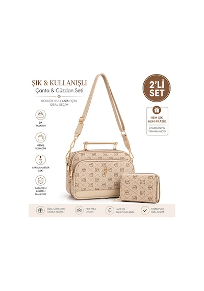 Newish Polo Kadın Vegan Deri Çapraz El Omuz Çantası Ve Cüzdan Kartlık New370 Gold