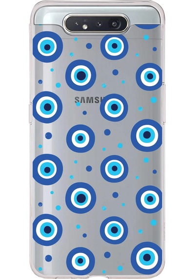 Samsung Galaxy A80 İle Uyumlu 1mm Slim Fit Nazar Boncuğu 1 Baskılı Şeffaf Kılıf Şeffaf