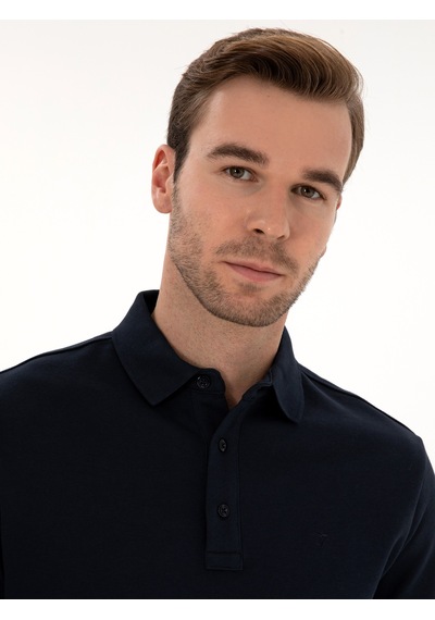 Lacivert Regular Fit %100 Pamuk 3 İplik Polo Yaka Sweatshirt