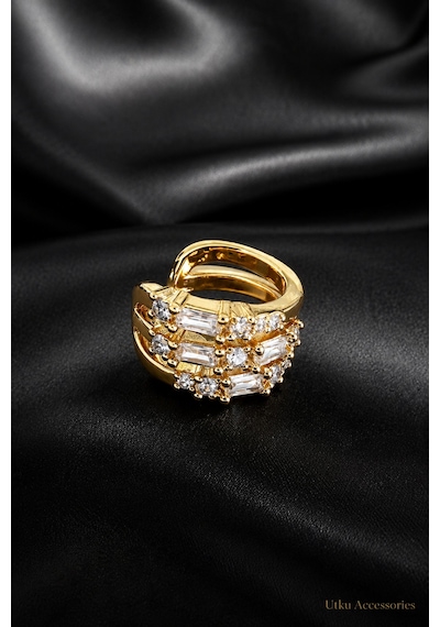Gold Sıralı Taşlı Çelik Küpe Earcuff Altın