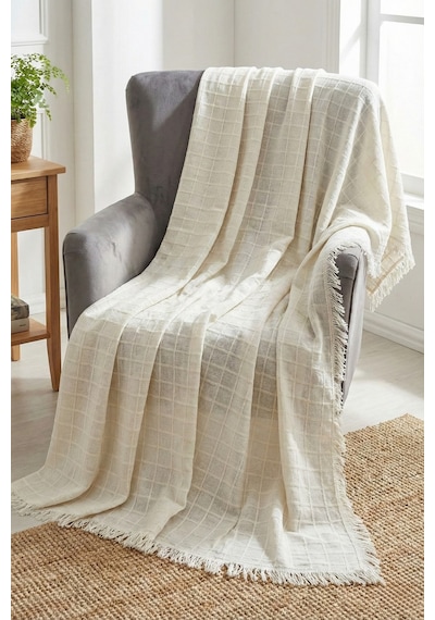 Cozy Tekli Koltuk Örtüsü Buldan Bezi Püsküllü Ekru 180x180 Cm