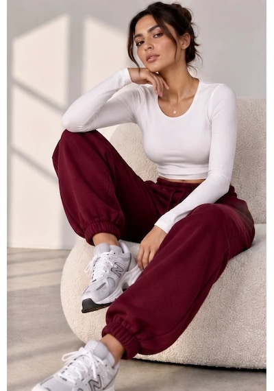 Bbbutikbasic Kadın İçi Polar Şardonlu 3 İplik Kalın Jogger Eşofman Altı My3535 Bordo