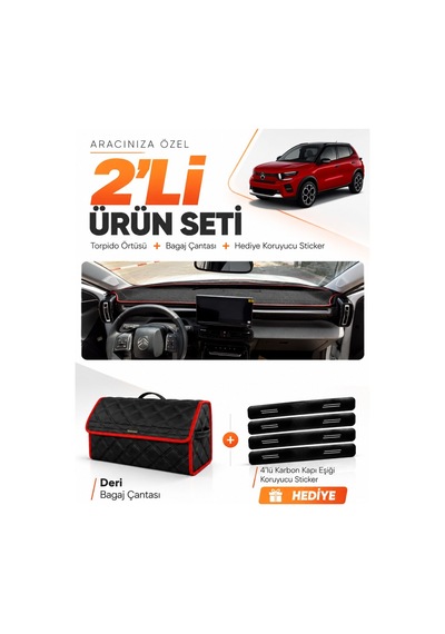 Cıtroen C3 Aırcross 2017-2021 Uyumlu Torpido Örtüsü + Deri Bagaj Çantası + Sticker - Siyah Kırmızı