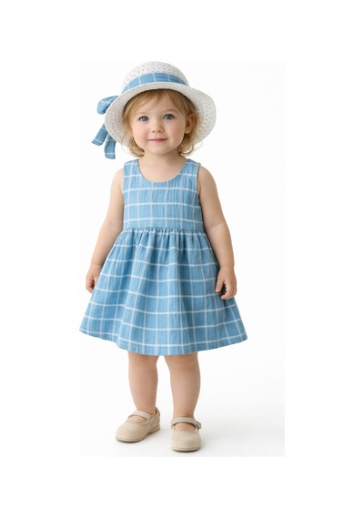 Chicsy Baby Tatlı Kız Bebek Ekose Tarz Elbise Şapkalı Fiyonk Detaylı Yazlık 2 Li Kombin Mavi