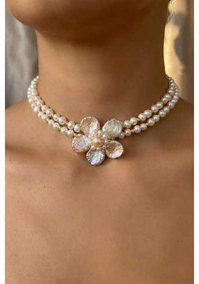 Doğal İnci Çiçek Choker Kolye