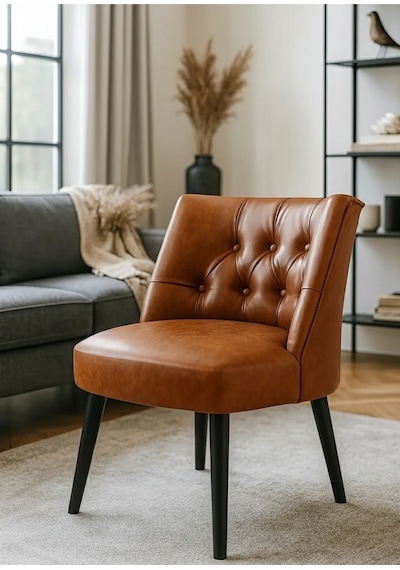Waterybrook Berjer Sandalye - Kapitoneli Suni Deri - Siyah Ahşap Ayaklı - Retro Modern Tasarım Taba Kahverengi