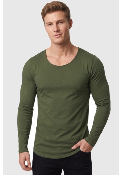 Rizzup Erkek Haki %95 Pamuk Slim Fit Kesik Açık Yaka Likralı Penye Sweatshirt Oval Kesim 2602299