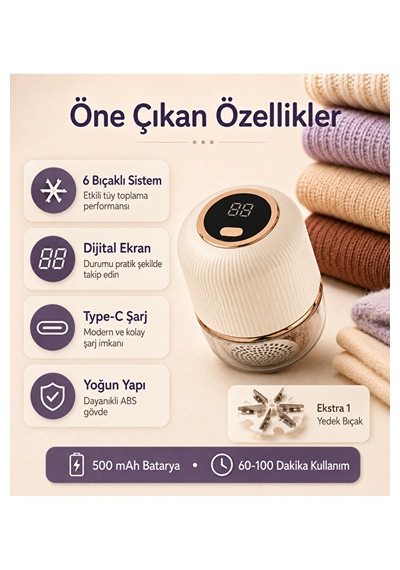 Şarjlı Tüy Toplama Makinesi 6 Bıçaklı Dijital Ekranlı Type-c 500 Mah Kıyafet Kaz Bej