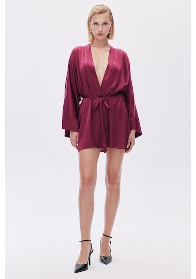 Fumée Bordo Kısa Saten Sabahlık / Kimono Bordo